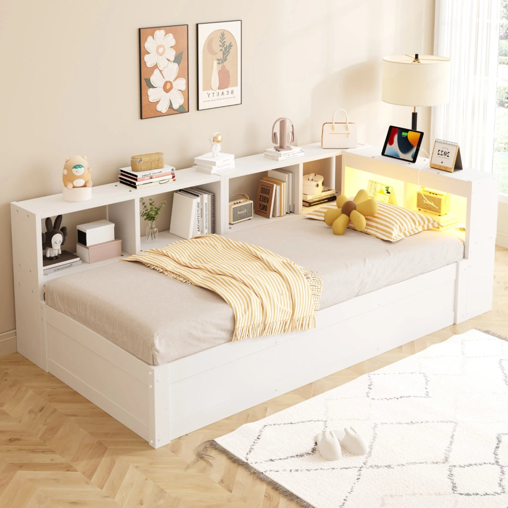 Letto multifunzione 90x200 cm con presa integrata; contenitori e LED in MDF bianco