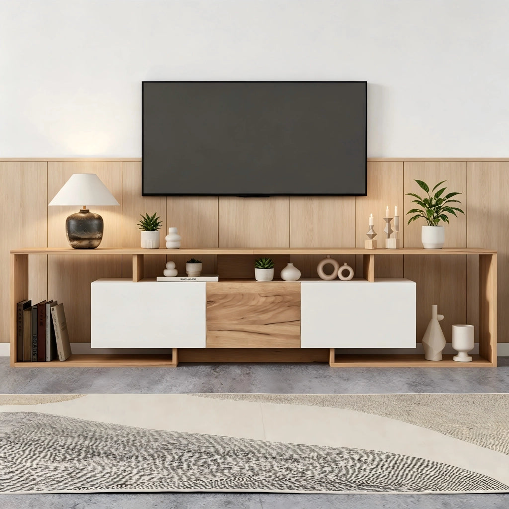 Mobile TV moderno 180x30x49 cm con 2 ante a ribalta, 1 anta e 3 vani aperti, bianco e effetto legno naturale