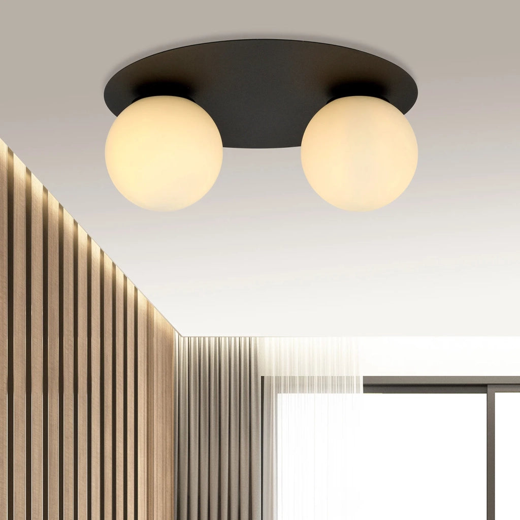 Plafoniera Minimal 2 Luci Mnemosine In Acciaio Nero E Sfere Di Vetro Opale