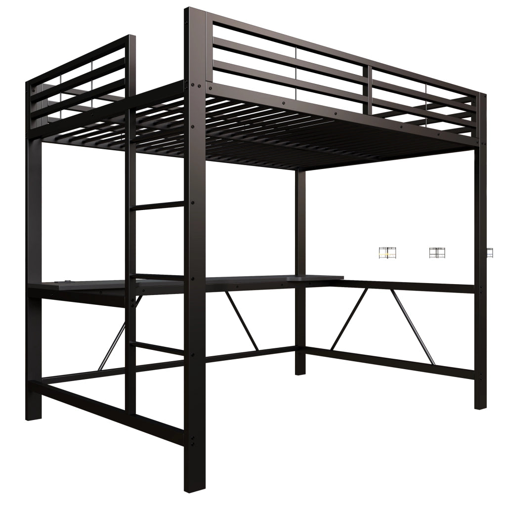 Letto a soppalco 140 × 200 cm con scrivania, LED e protezione rialzata, senza materasso, nero