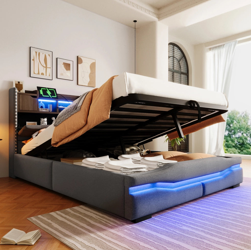 Letto imbottito 140x200 cm con LED, USB-C e vano contenitore