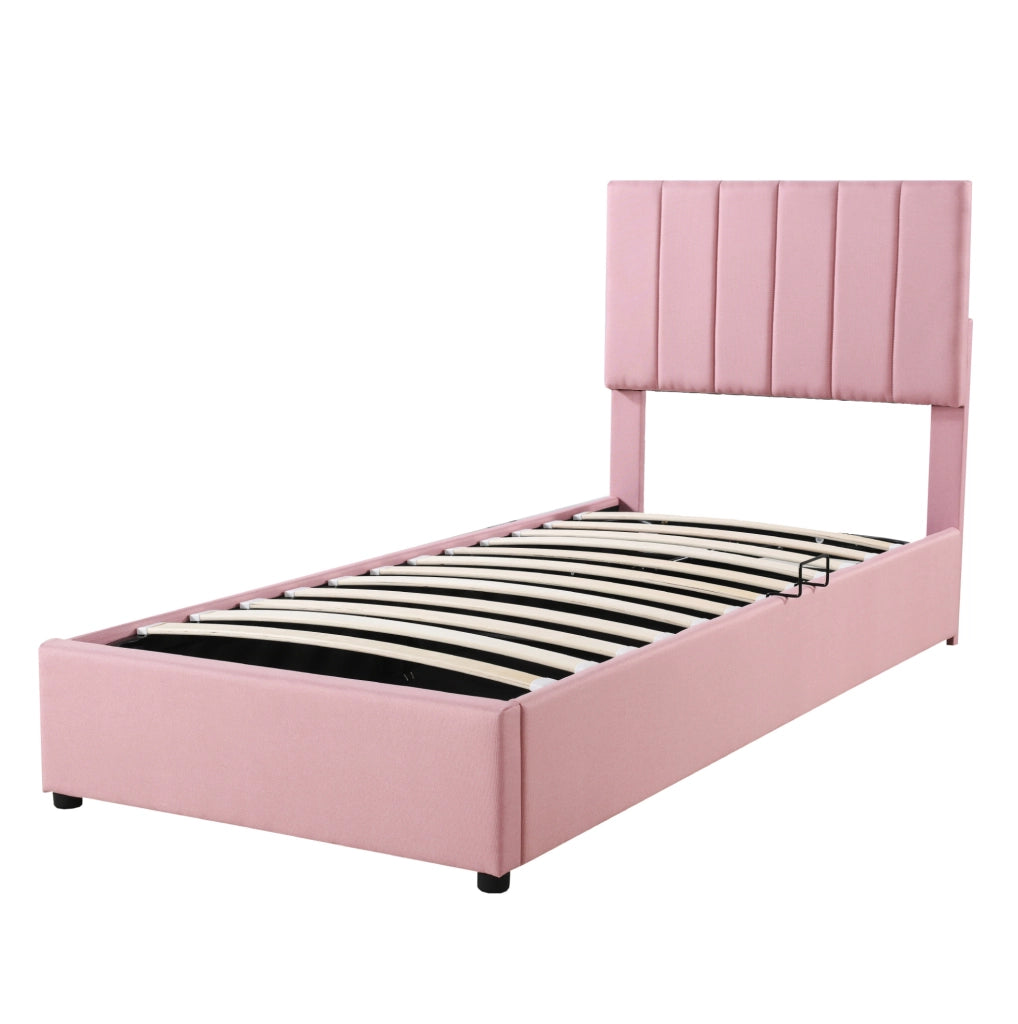 Letto imbottito per bambini 90x200 cm con contenitore idraulico; tessuto lino rosa