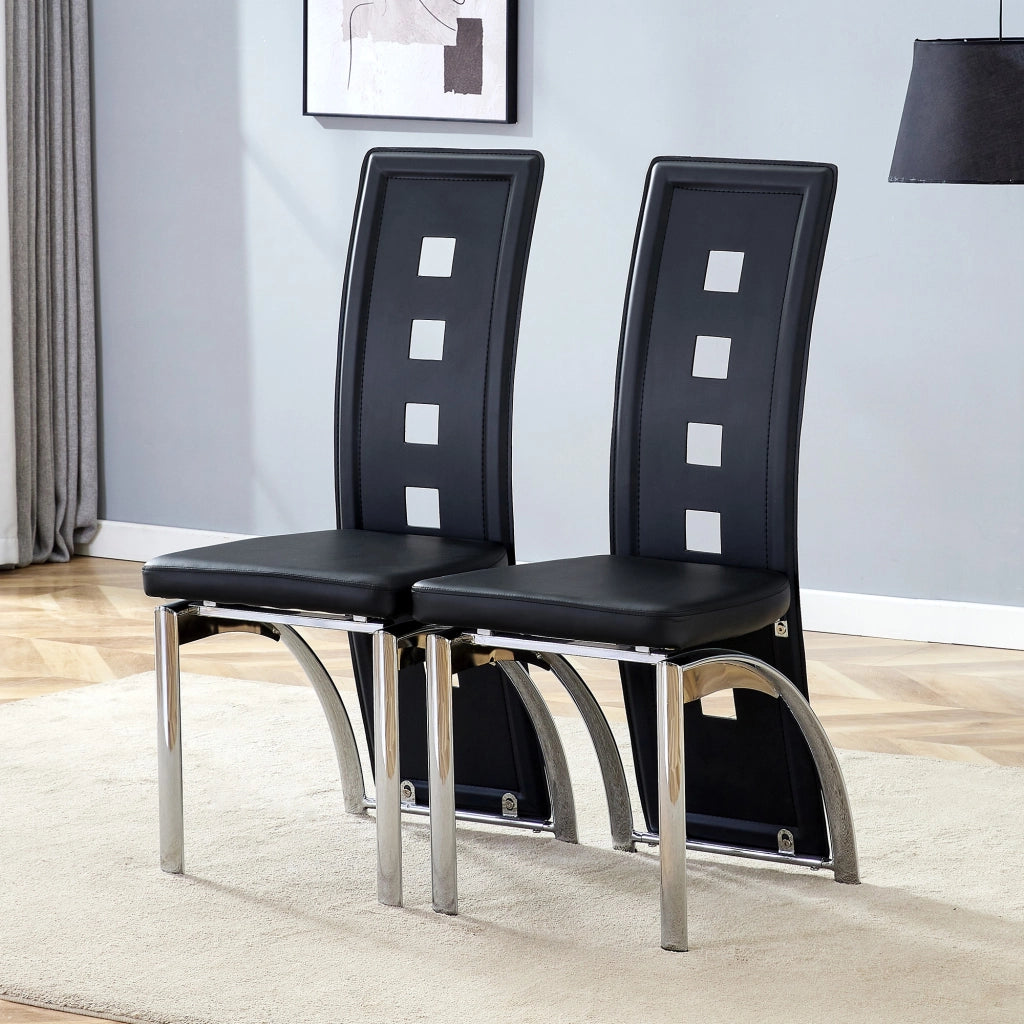 Sedie da pranzo in PU pelle con schienale traforato e gambe in metallo, set 2 pezzi, nero e argento