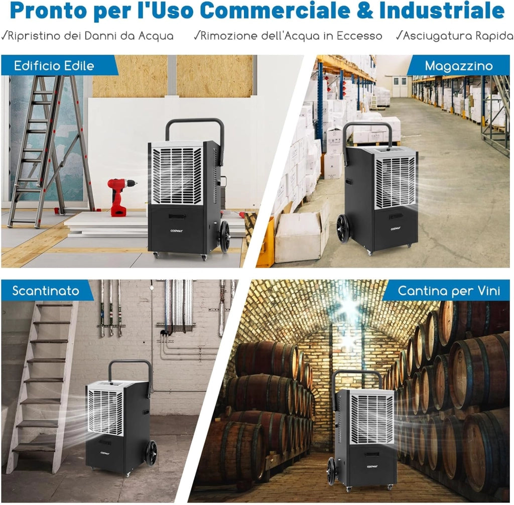 66 L Deumidificatore Commerciale, Deumidificatore con Pompa e Tubo di Drenaggio, Deumidificatore Industriale con Timer 24H e 4 Ruote per Cantina Magazzino (Bianco)