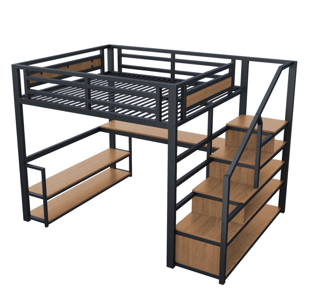 Letto a soppalco 140x200 cm con scrivania, scaffali e scala contenitore in metallo nero