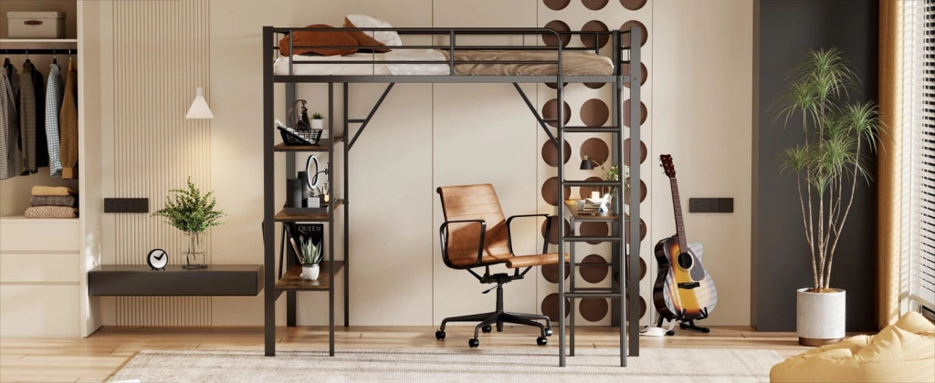 DESMIU Letto a soppalco singolo con scrivania e 3 ripiani, 90 × 200 cm, senza materasso, in metallo, nero
