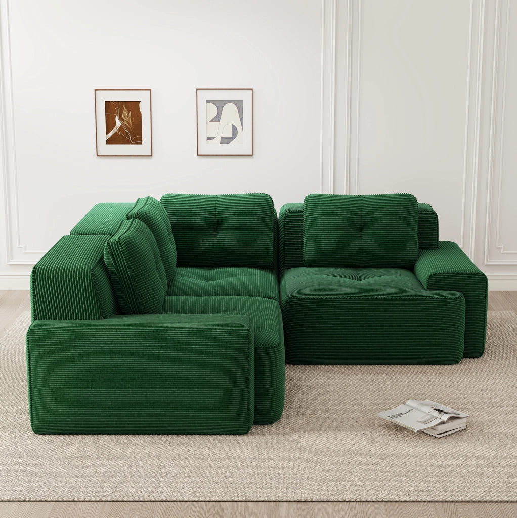 Divano angolare modulare 206x206x69 cm in corduroy verde con base antiscivolo