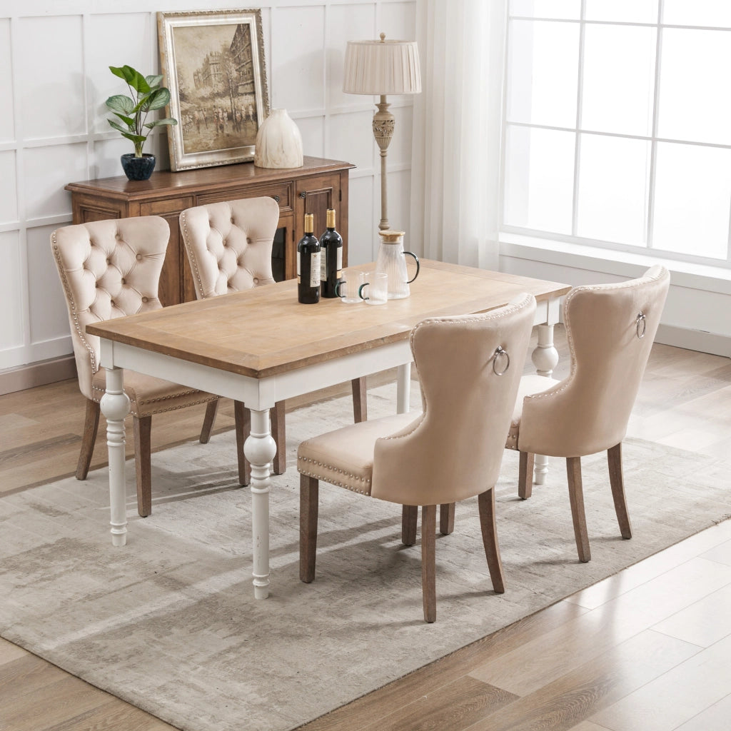 Sedie da Pranzo Imbottite in Velluto ¨C MINIMAL ¨C Beige, Gambe in Legno Massello, Set 4 Pezzi