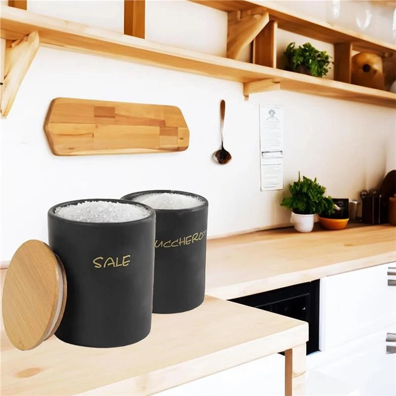 MAURY'S SET DI BARATTOLI TONDI SALE E ZUCCHERO 10X13 CM CON TAPPO ERMETICO IN LEGNO COLORE NERO