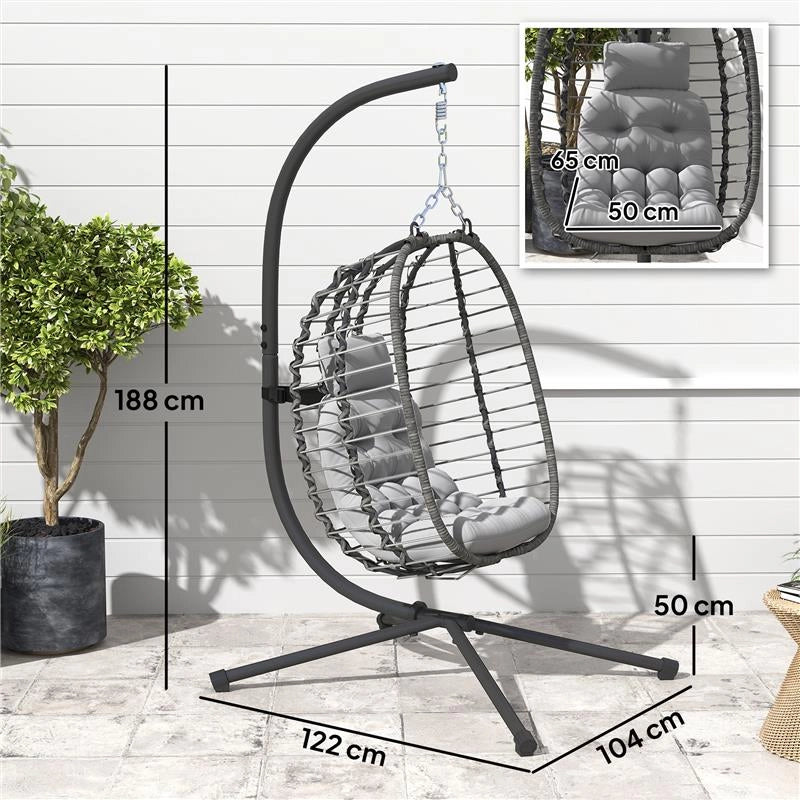 SEDIA SOSPESA IN RATTAN A UOVO CON CUSCINO E POGGIATESTA ALTEZZA REGOLABILE E SEDUTA RICHIUDIBILE GRIGIO