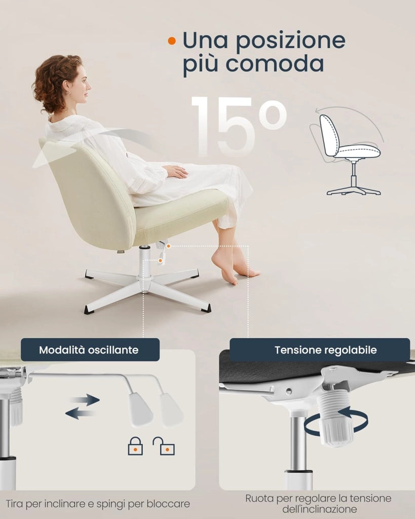 Sedia da Ufficio, Sedia da Studio Girevole, Stile Contemporaneo con Base a Croce, Seduta Ampia e Confortevole, Altezza Regolabile, Tessuto Cotone-lino, Bianco Crema OBG046W01