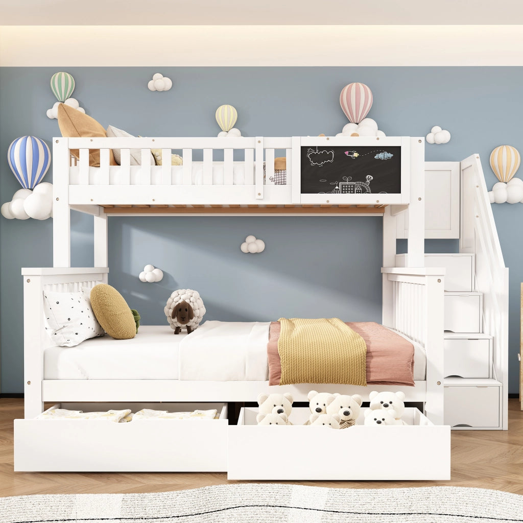 LETTO a castello per bambini 90x200/140x200 cm con lavagna e cassetti Bianco