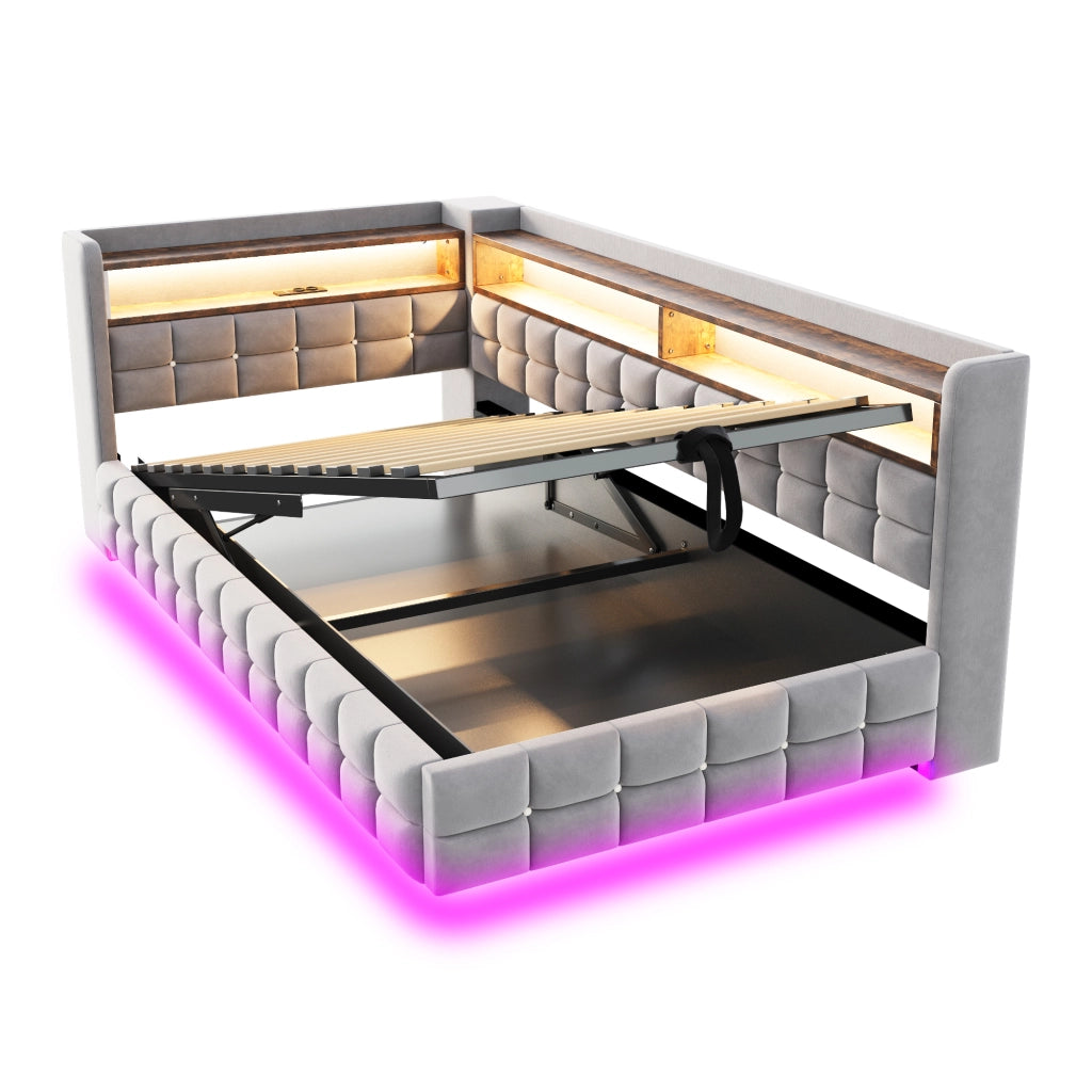DESMIU Letto Contenitore 90 × 200 cm 1 posto con LED, USB, Type-C, ripiani e spazio contenitore, senza materasso, grigio chiaro