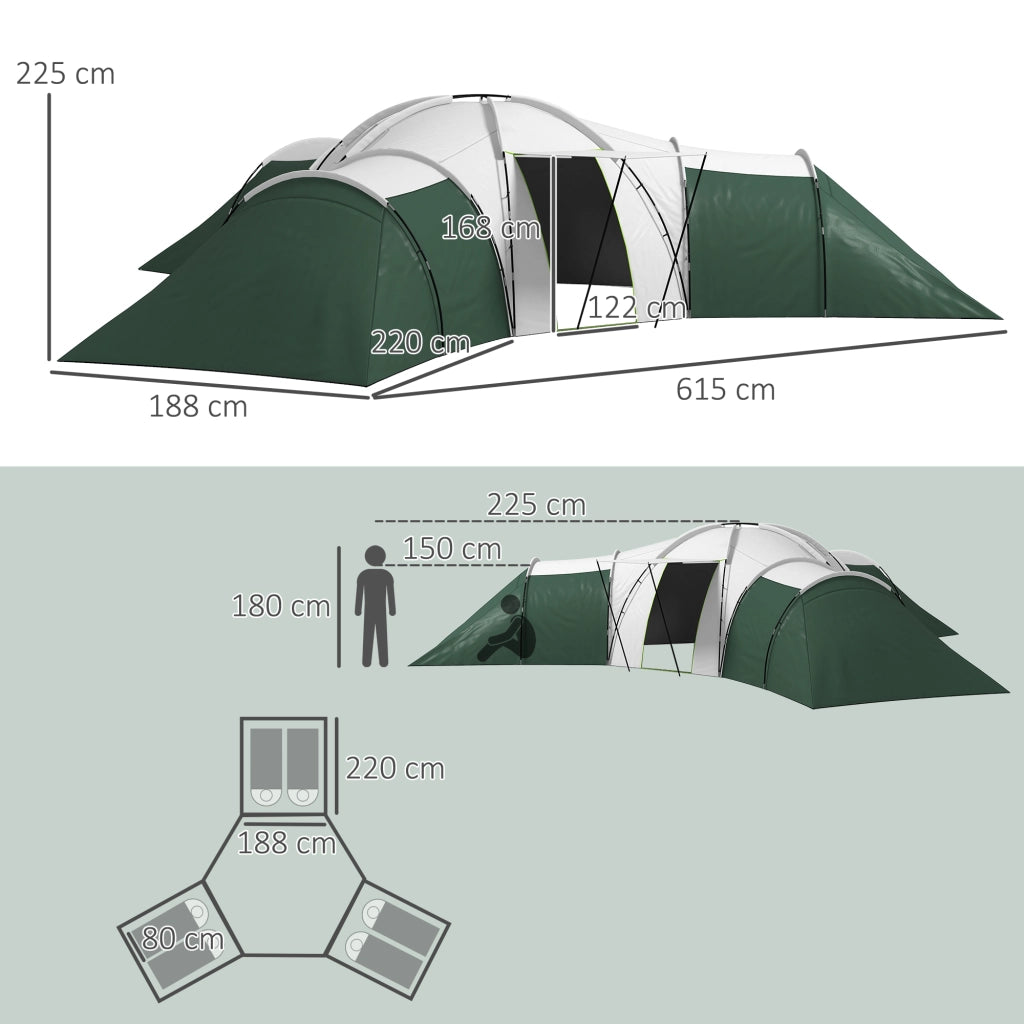 Tenda da campeggio 4 stanze per 6-9 persone ¨C zephmum ¨C Verde 615x615x225 cm