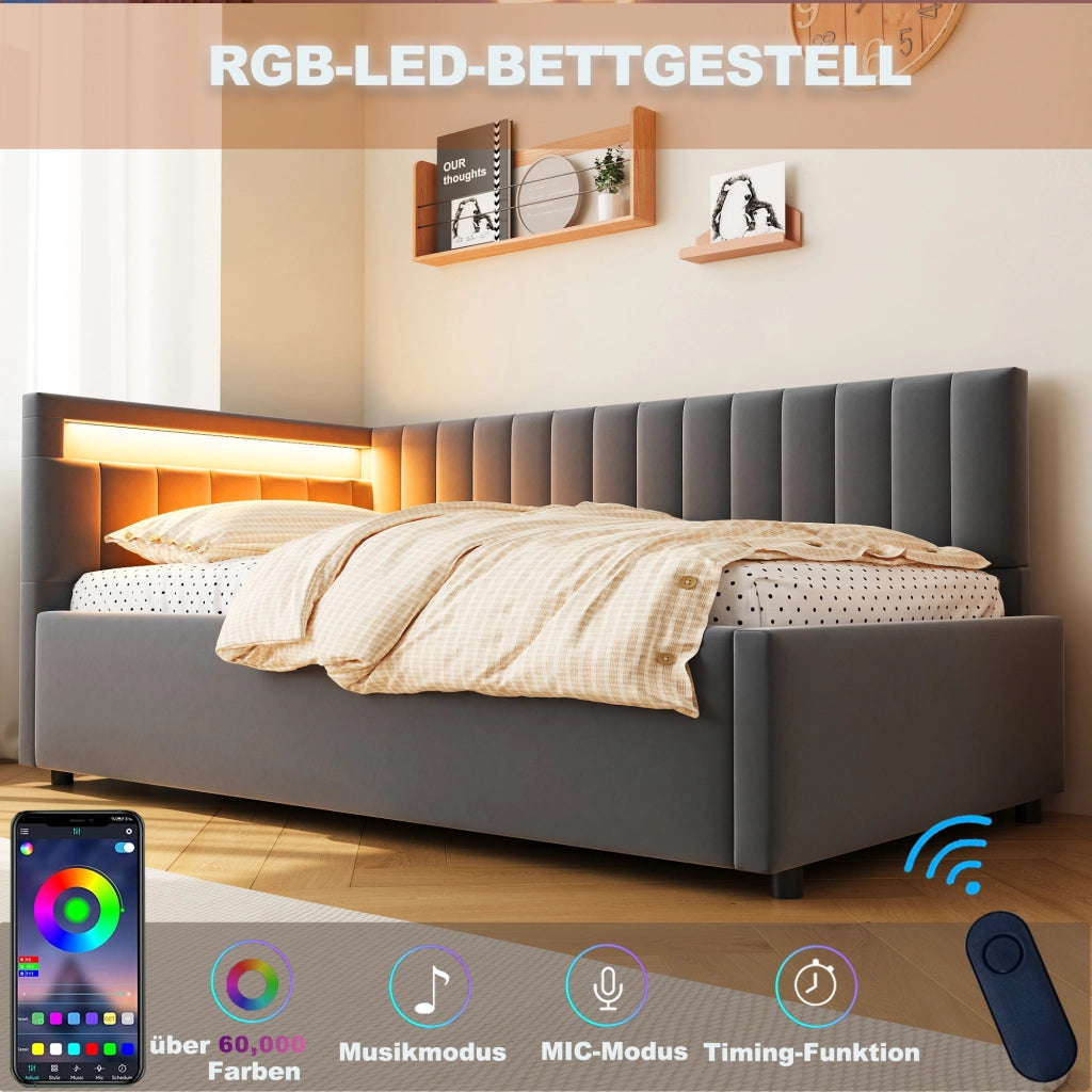 DESMIU Letto divano 90 × 200 cm 1 posto con LED e contenitore idraulico, senza materasso, in velluto, grigio