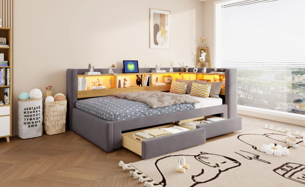 Divano letto estraibile 3 in 1 90x200 cm con cassetti; LED e presa; grigio
