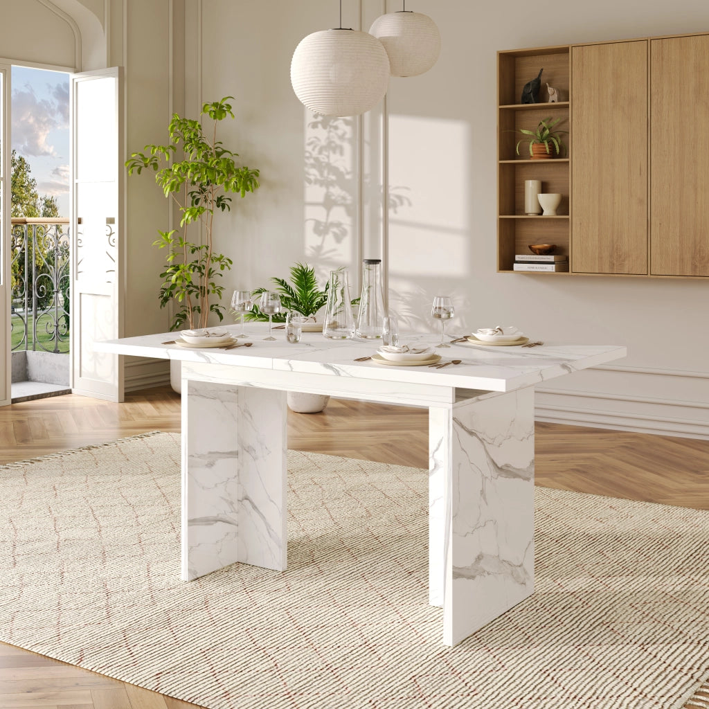 Tavolo da pranzo allungabile 140-180 cm in MDF, effetto marmo bianco, per 6-8 persone