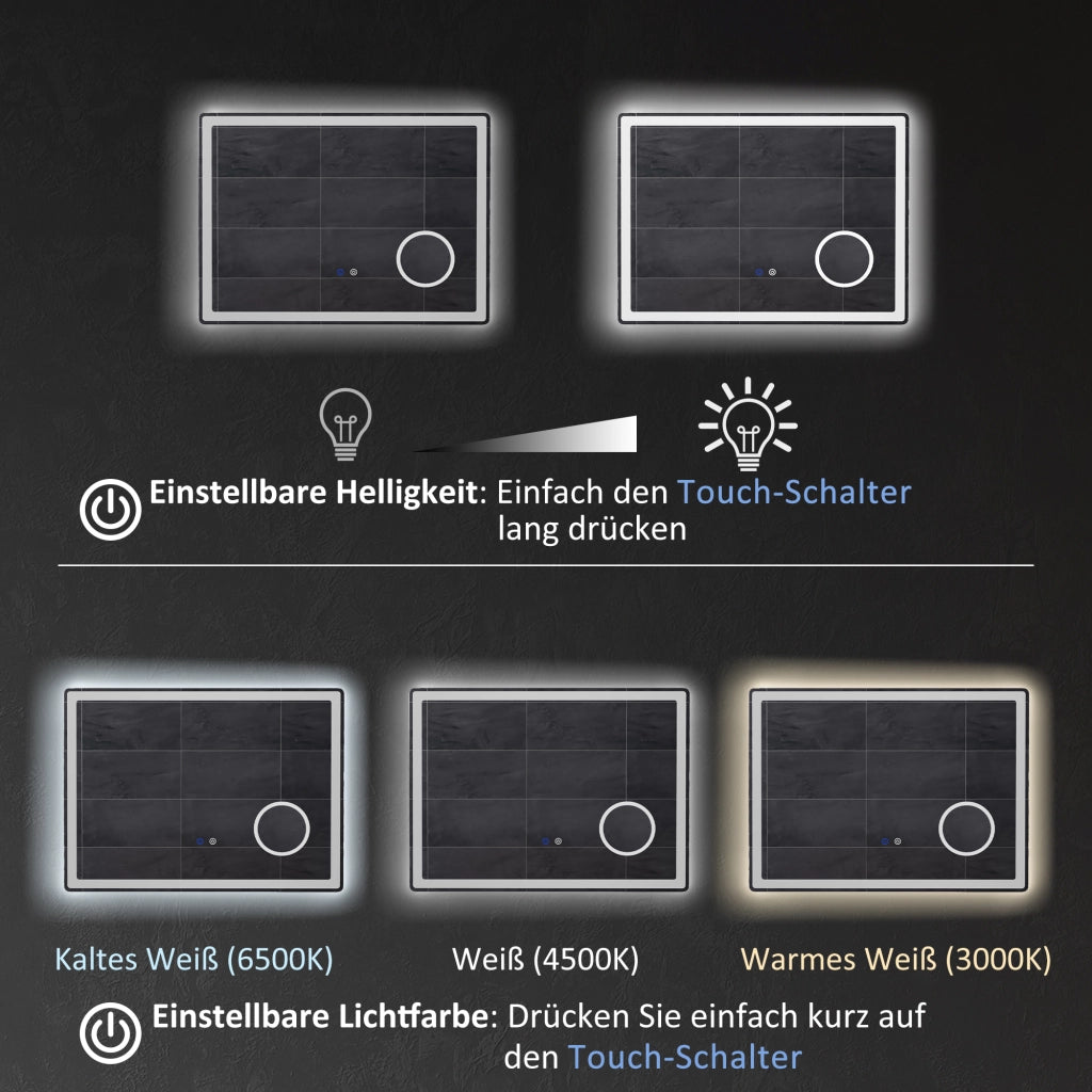 Specchio da bagno a LED con ingrandimento 3x e funzione touch, 80x60 cm, 3 colori di luce, antiappannamento.