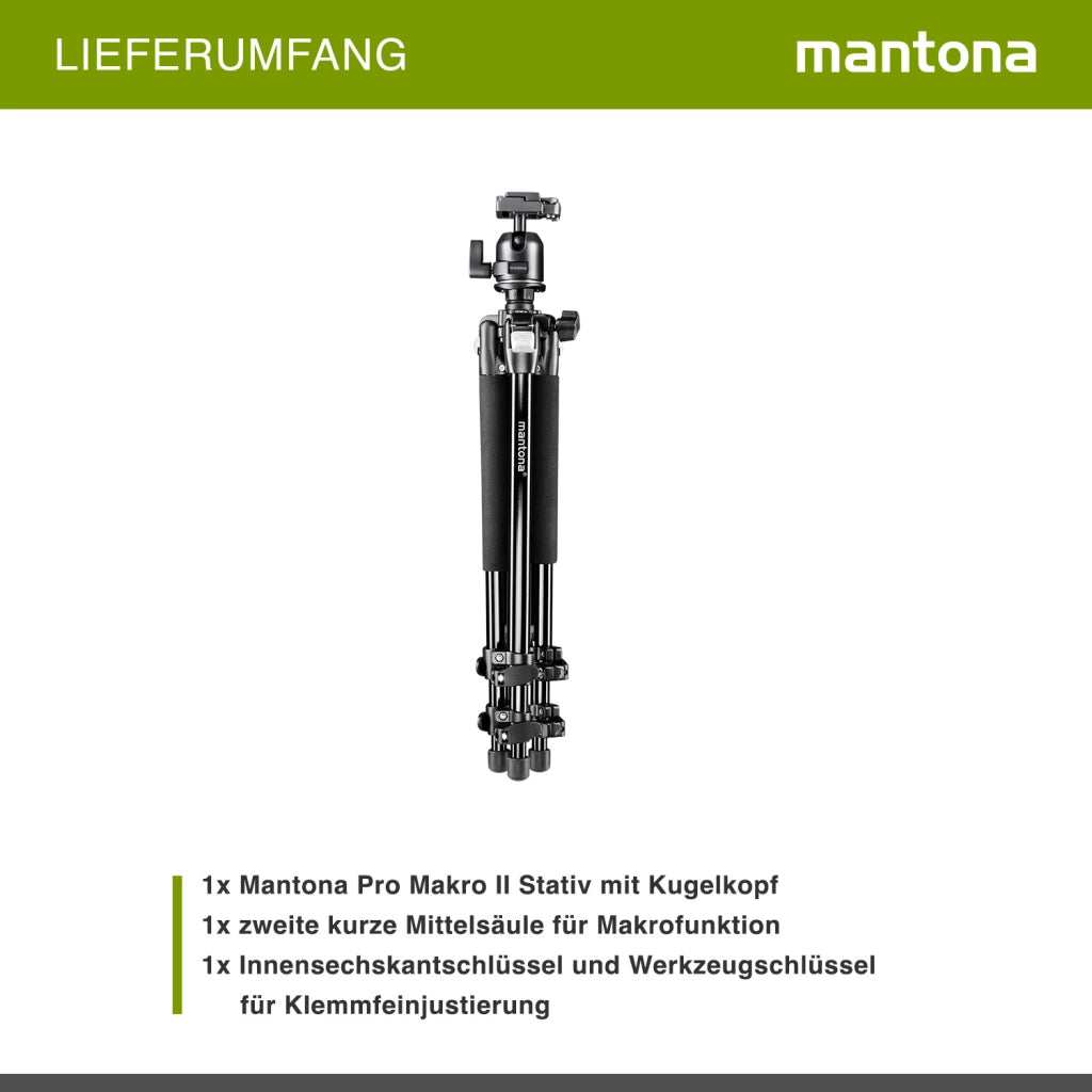 Mantona Treppiede fotografico Basic Scout Max Makro II - 90 x 90 x 615 mm - altezza di lavoro fino a 153 cm / carico max. 6 kg - con testa a sfera, reversibile e seconda colonna centrale - Da viaggio
