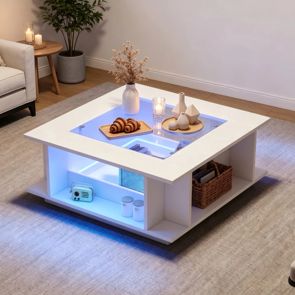 Tavolino da caffè 70x70x30 cm con illuminazione LED; piano in vetro e finitura lucida; truciolare bianco