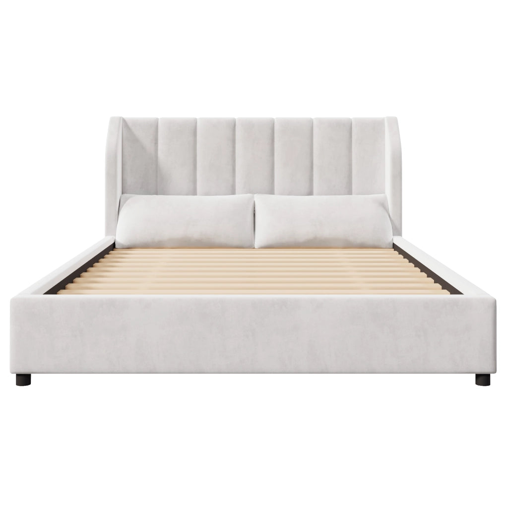 Letto imbottito beige 140x200 con rete a doghe e testiera trapuntata