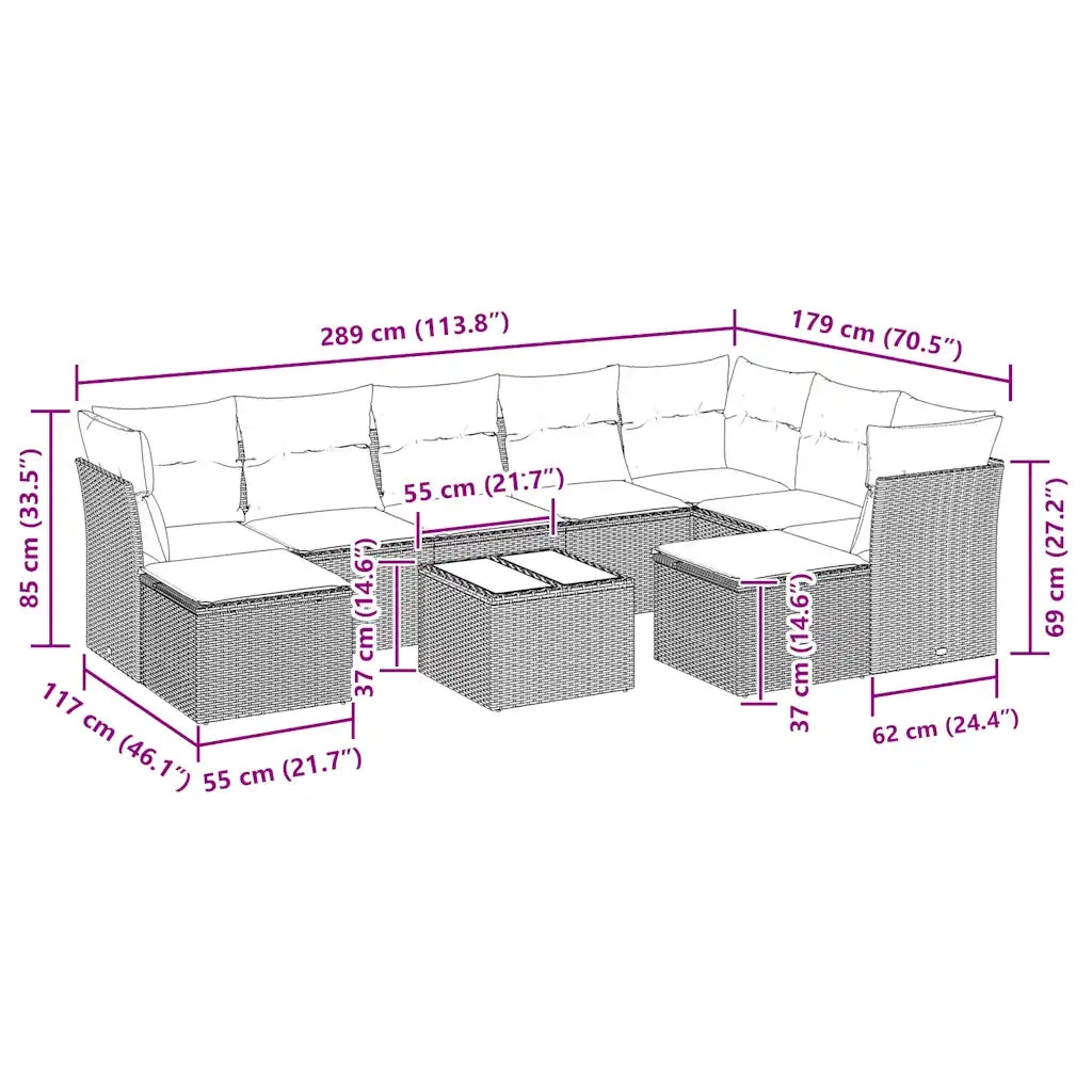 Set Divani da Giardino 10pz con Cuscini in Polyrattan Nero