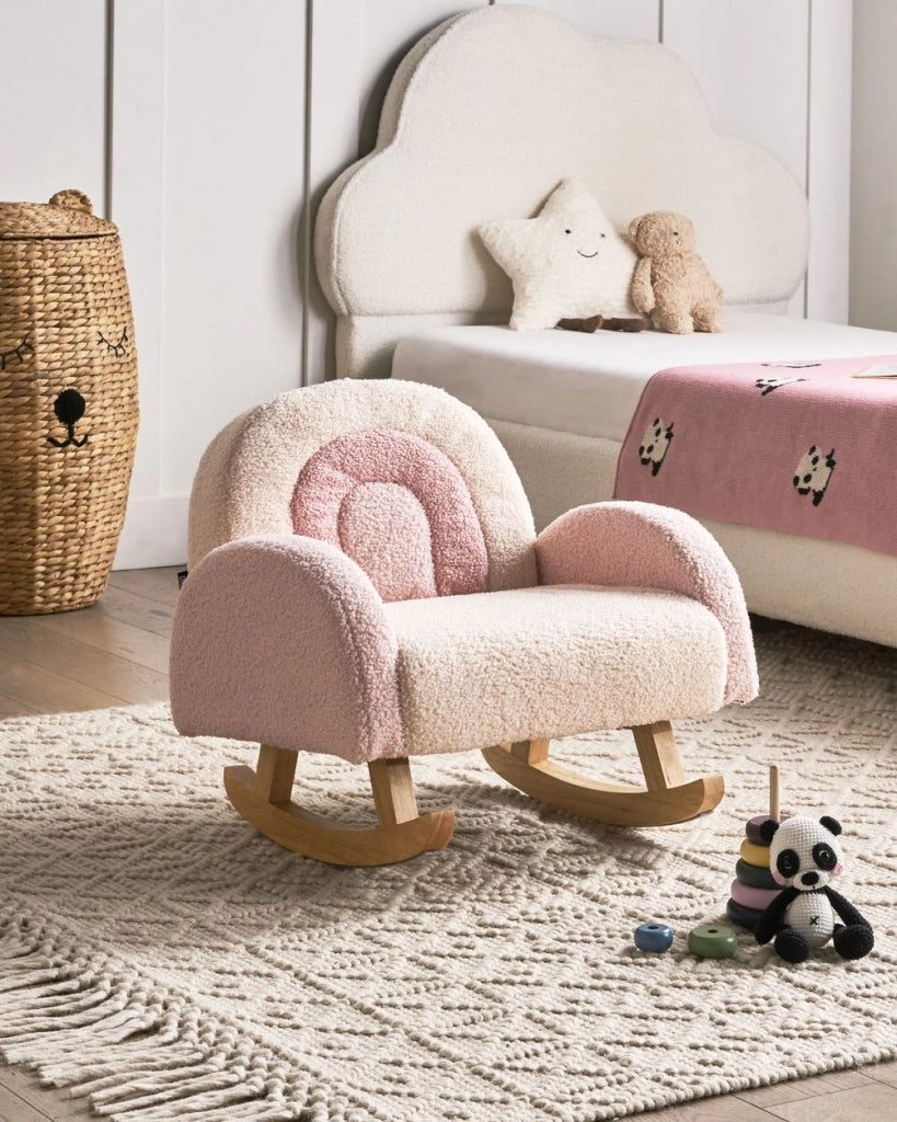 Sedia a dondolo per bambini Rainbow Boucle Gambe in legno per bambini rosa