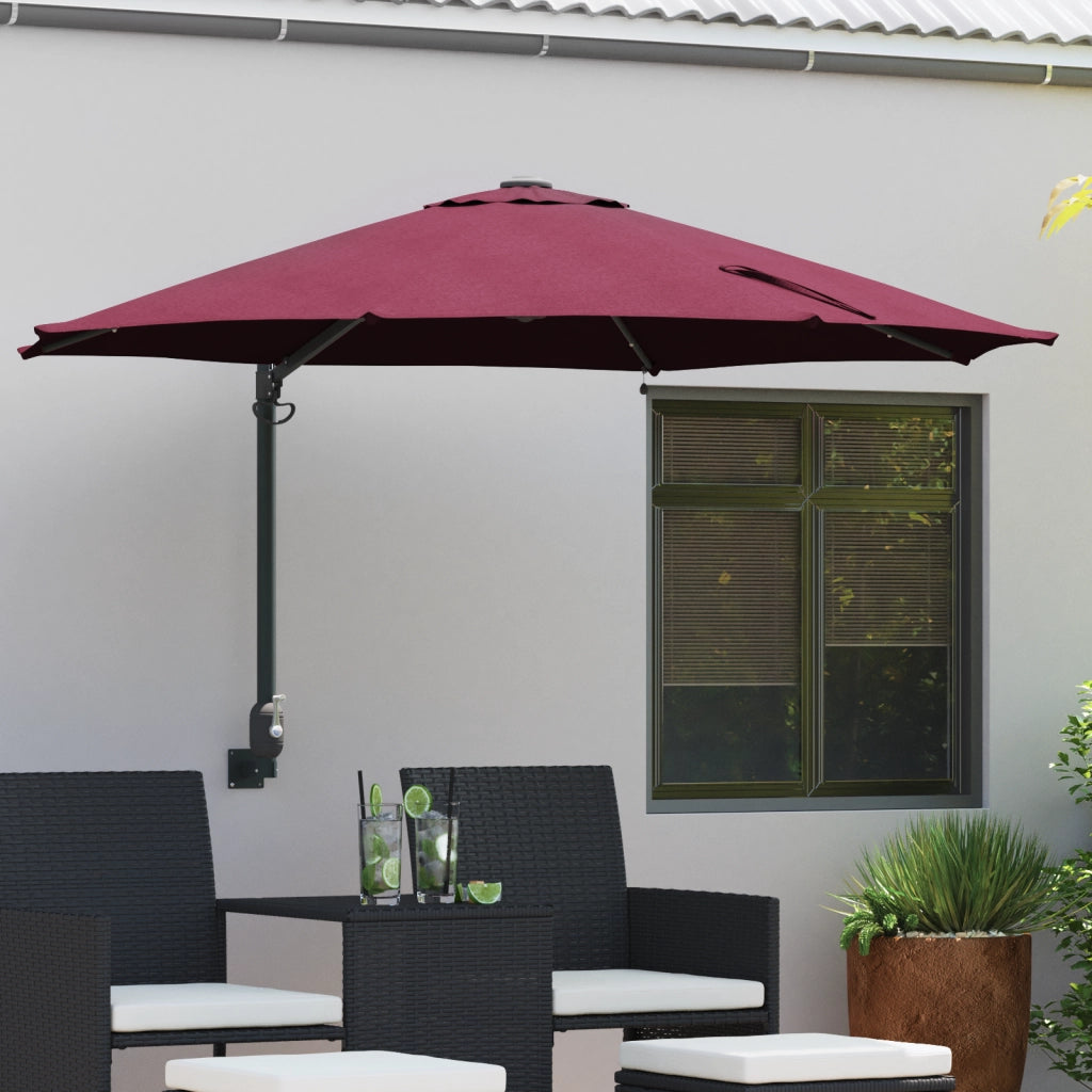 Ombrellone da Giardino Montato a Parete con LED Rosso Bordeaux 248 cm