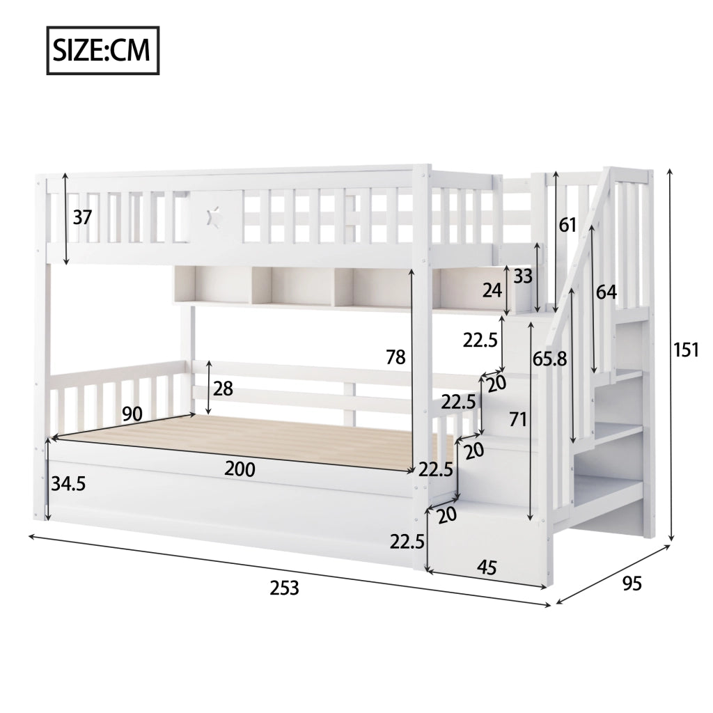 Letto a Castello 90x200 cm; Contenitore; Libreria; Scala con vani; in Legno; Bianco