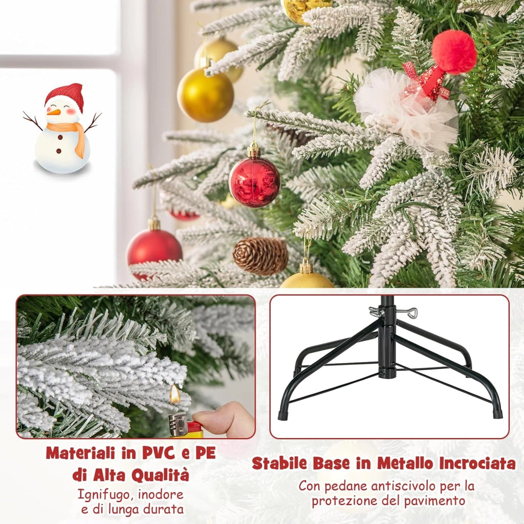 Albero di Natale Artificiale Pre-Luminoso 190 CM, Albero di Natale Innevato con 280 Luci LED Bianche Calde, 765 Punte, 62 Pigne e Base Metallica (190 CM)