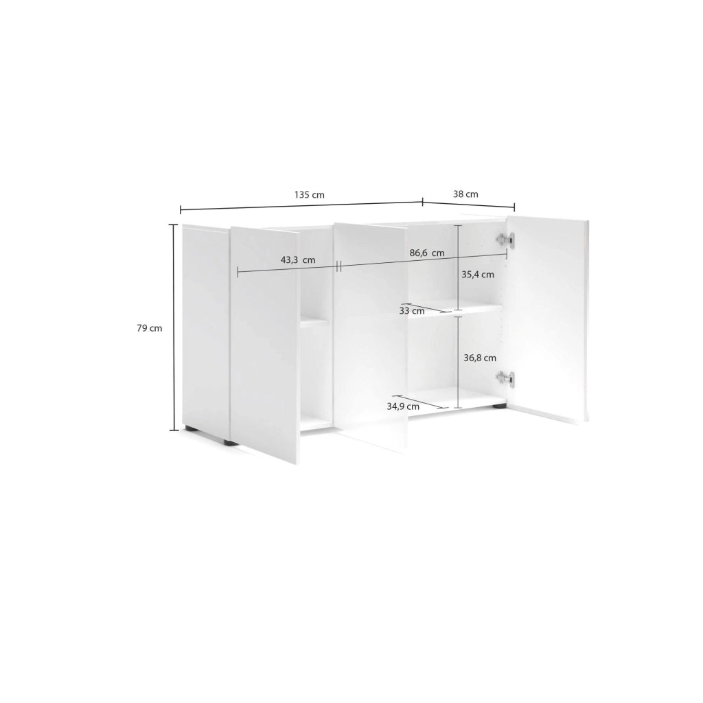 Credenza Amelyah, Buffet da soggiorno, Madia da salotto, Dispensa da cucina, Made in Italy, 135x38h79 cm, Bianco lucido