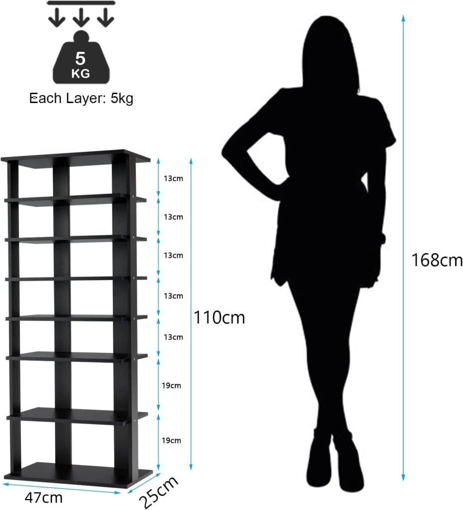 Scarpiera da Ingresso, Portascarpe a 7 Ripiani, Scaffale per 14 Scarpe, Stretto e Compatto per Salvaspazio, 45x25x110 cm (Nero, L)