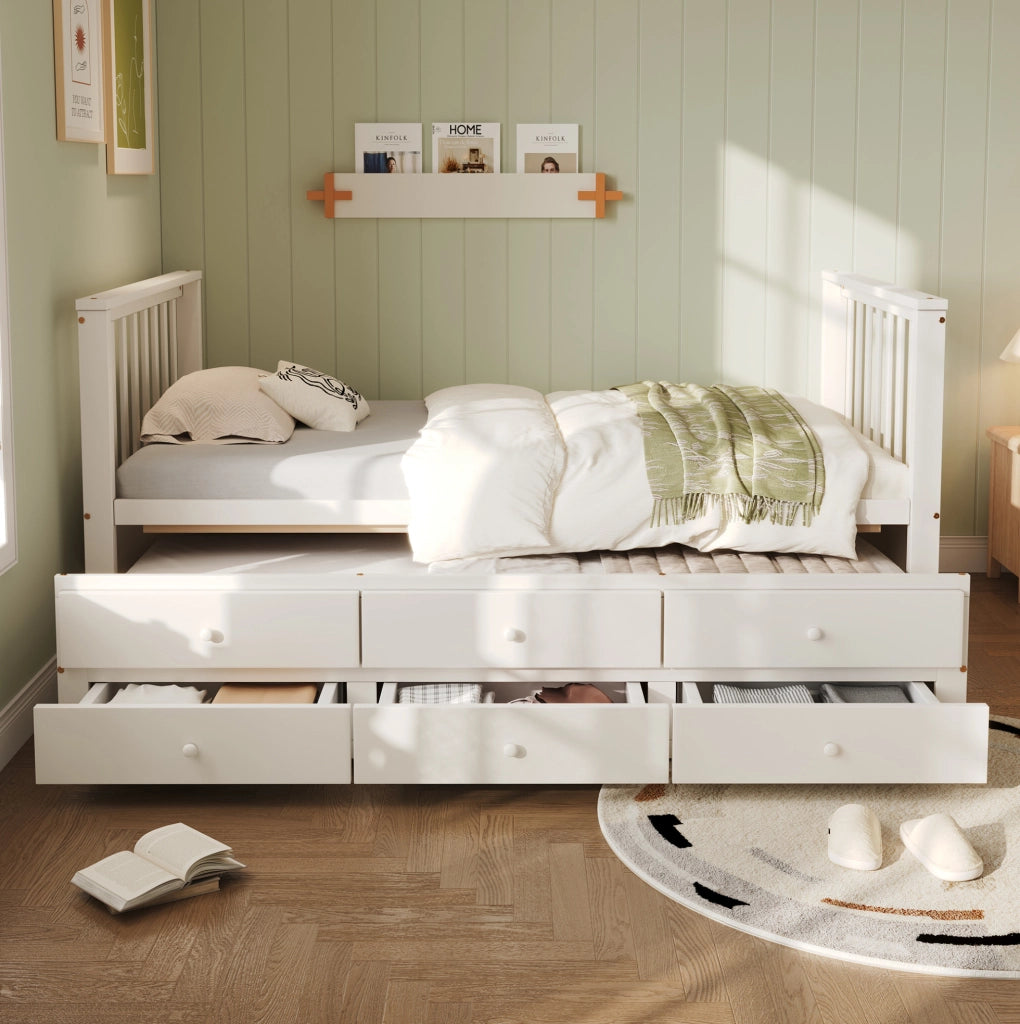 Letto a una piazza 90x200 cm con cassetti e letto estraibile in pino e MDF bianco
