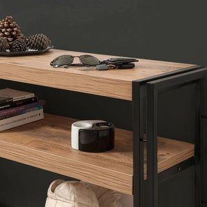 Consolle Basilicata, Tavolo multiuso, Mobiletto d'appoggio, Scrivania da corridoio, 140x35h80 cm, Quercia e Nero