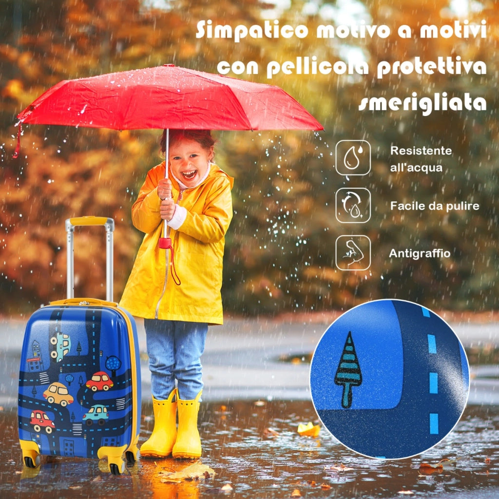 Set valigia rigida 32cm e zaino 24cm con manico retrattile, Set valigia con ruote da viaggio per bambini Blu-Bagagli e borse