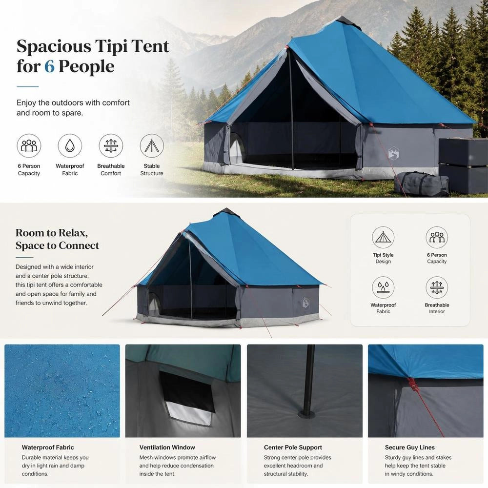 Tipi Family Tent For 6 People, Blue, Waterproof