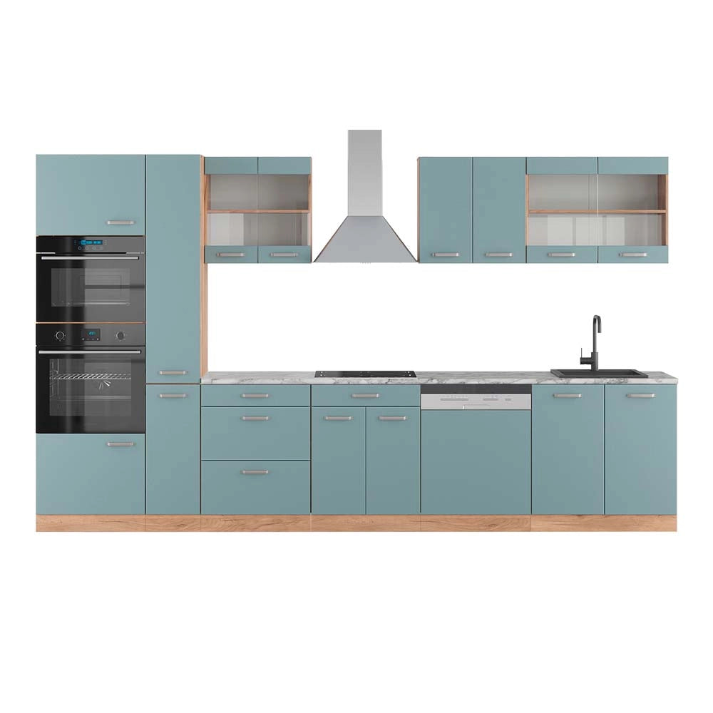 Vicco Cucina Rovere blu-grigio/oro 350 cm con armadio alto, PL Marmo