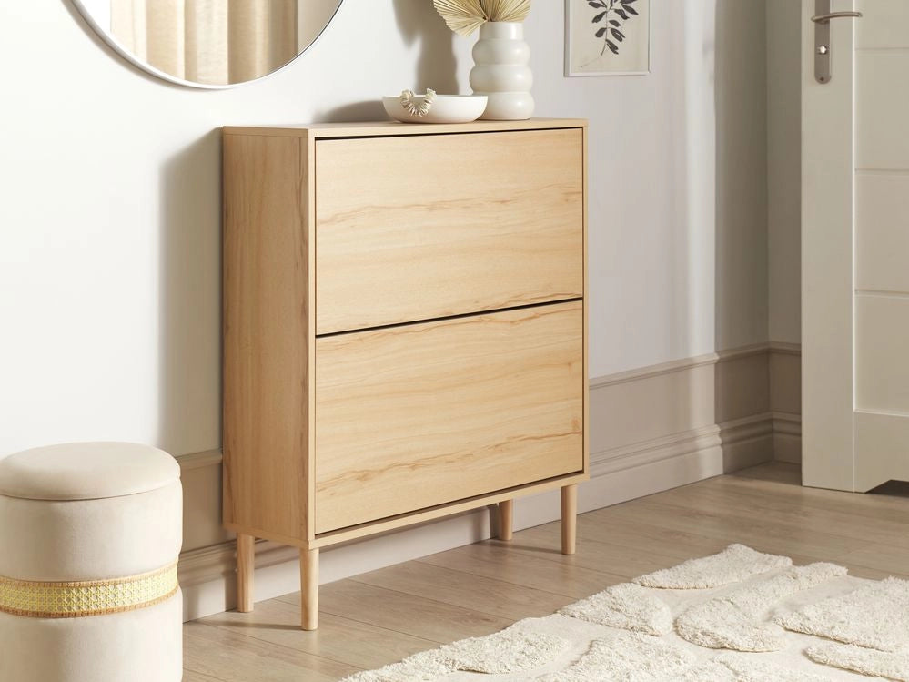 Scarpiera a 2 scomparti in truciolato Gambe in legno di gomma Legno chiaro elegante