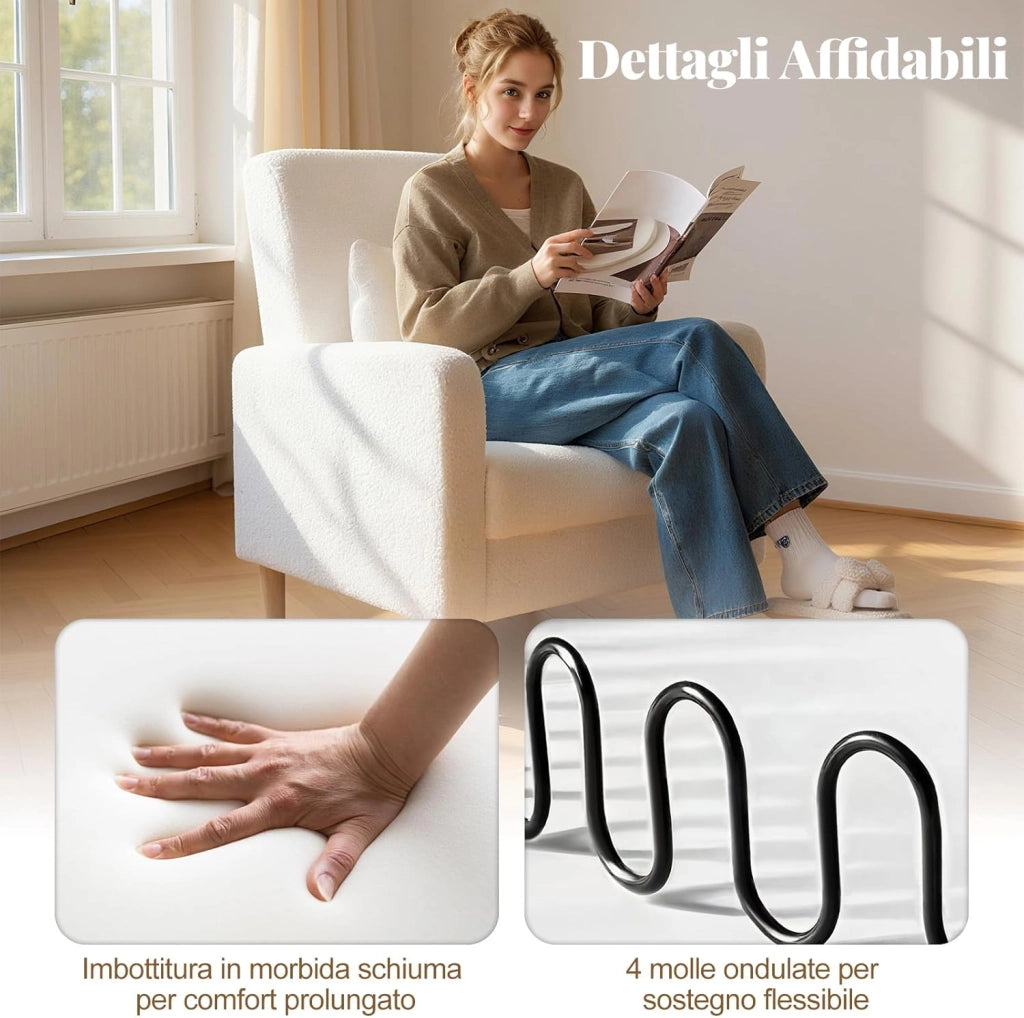 Poltrona da Salotto, Sofa Imbottita Ergonomica con Cuscino Lombare, Rivestimento in Pile Teddy, Gambe in Legno di Caucciù, Poltrona Moderna per Soggiorno e Camera da Letto, Portata 150 kg