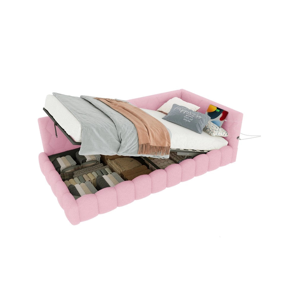 Letto Singolo Imbottito con LED e Contenitore Idraulico ¨C MINIMAL ¨C Rosa, 90x200 cm
