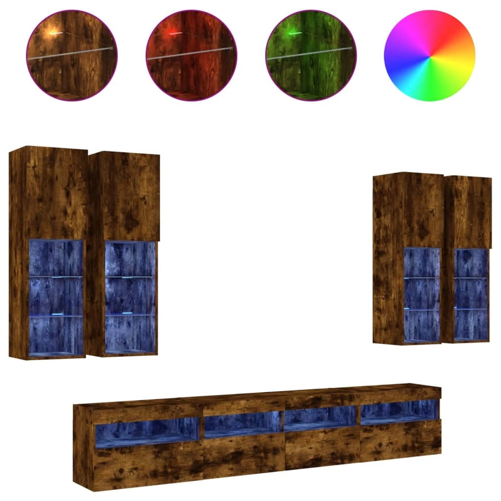 Set di 7 pezzi: armadio credenza mobile TV per soggiorno camera da letto e sala da pranzo da parete con luci LED finitura rovere fumé marrone 02_0025363