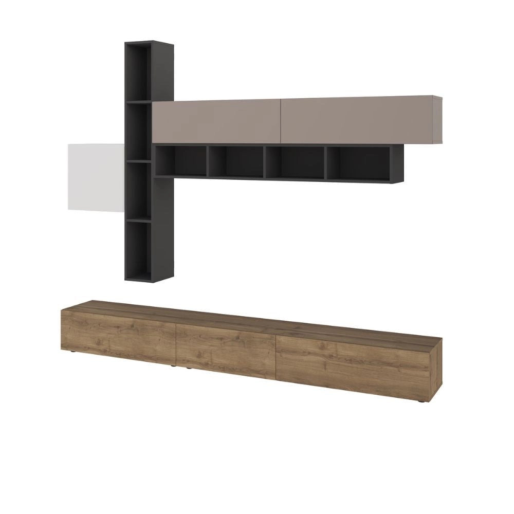 Parete attrezzata Fashion base colore hitit noce e pensili antracite, bianco e tortora  H 205x40x275 cm.