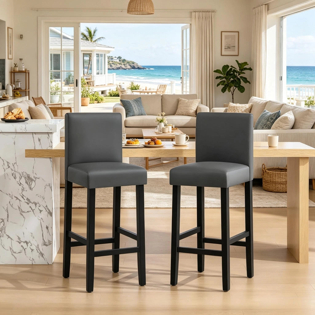 Set di 2 sgabelli da bar con schienale, in ecopelle e legno, colore nero/grigio