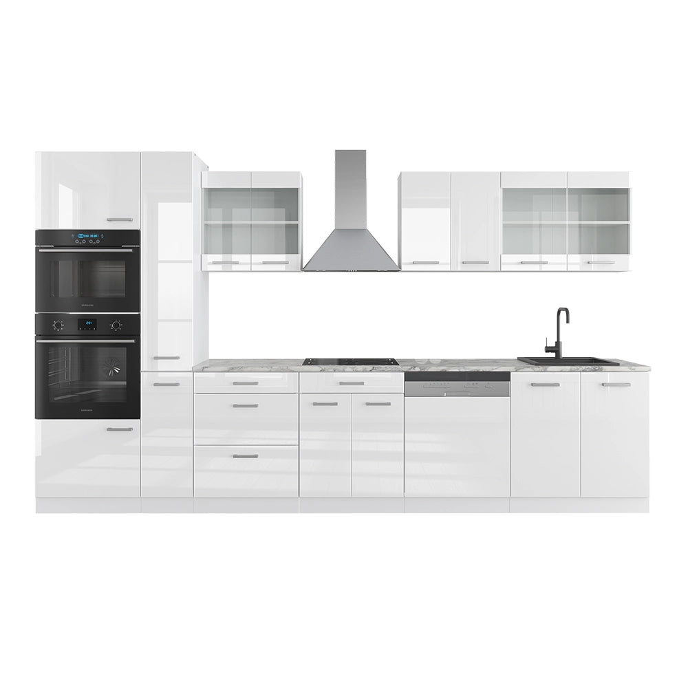 Vicco Cucina componibile Bianco lucido/bianco 350 cm con armadio alto, senza piano di lavoro