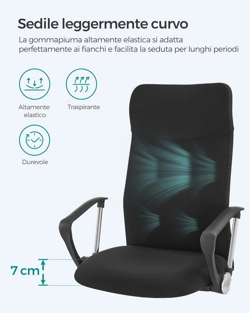 SONGMICS Sedia da Ufficio, Sedia da Scrivania Ergonomica, Girevole, Seduta Imbottito, Regolabile in Altezza e Inclinabile, Portata di 120 kg, Nero OBN034B01
