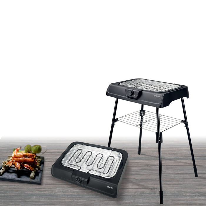 SOGO Barbecue Elettrico 2 in 1 – 2000W – Tavolo e Supporto, Griglia Antiaderente, Termostato Regolabile, Vassoio Raccogli Grasso, Facile da Pulire