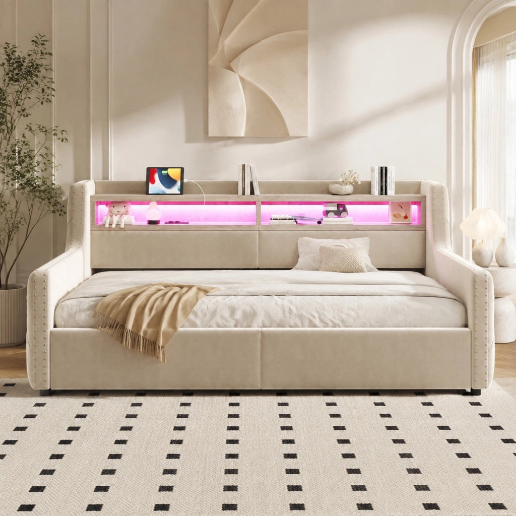 Divano letto imbottito 90 x 200 cm con contenitore idraulico, rete a doghe e LED, beige