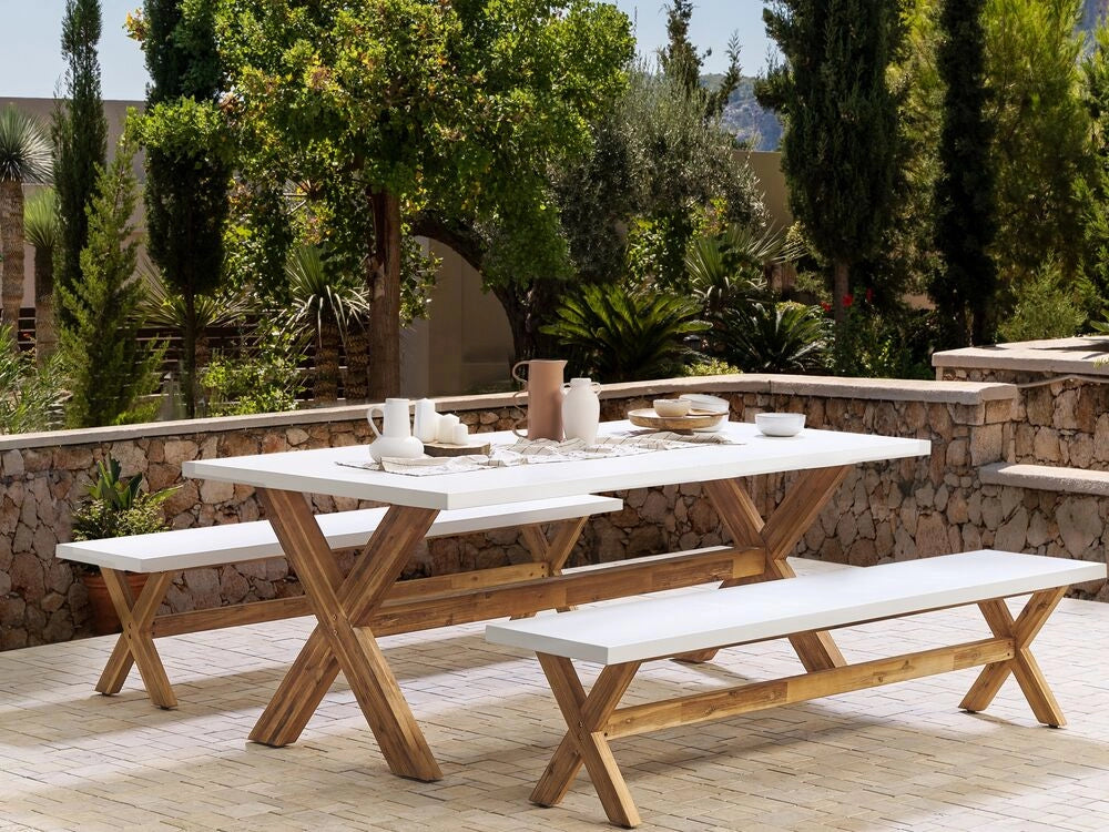 Panca da giardino 3 posti in cemento grigio con gambe in legno stile moderno industriale