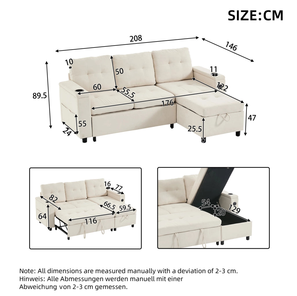 Divano letto pieghevole con contenitore; LED; USB e Type-C; tessuto beige