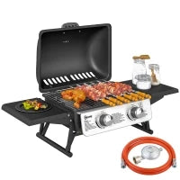 Barbecue a Gas Portatile con 2 Bruciatori e Coperchio con Termometro, Nero